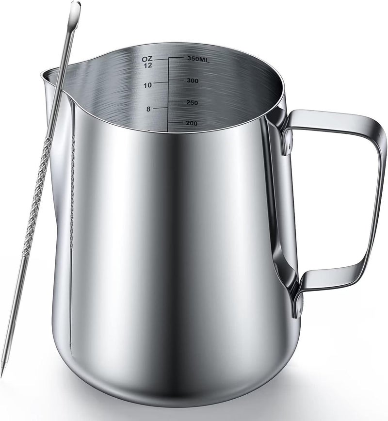 cicike 12 Ounces Stainless Steel Milk Frothing Pitcher, Measurements on Both Sides, Espresso Machine Accessories, Latte Art Cup with Insulated Handle, Creamer Pitcher for Single-Serve, No-drip or Spillage - Image 1